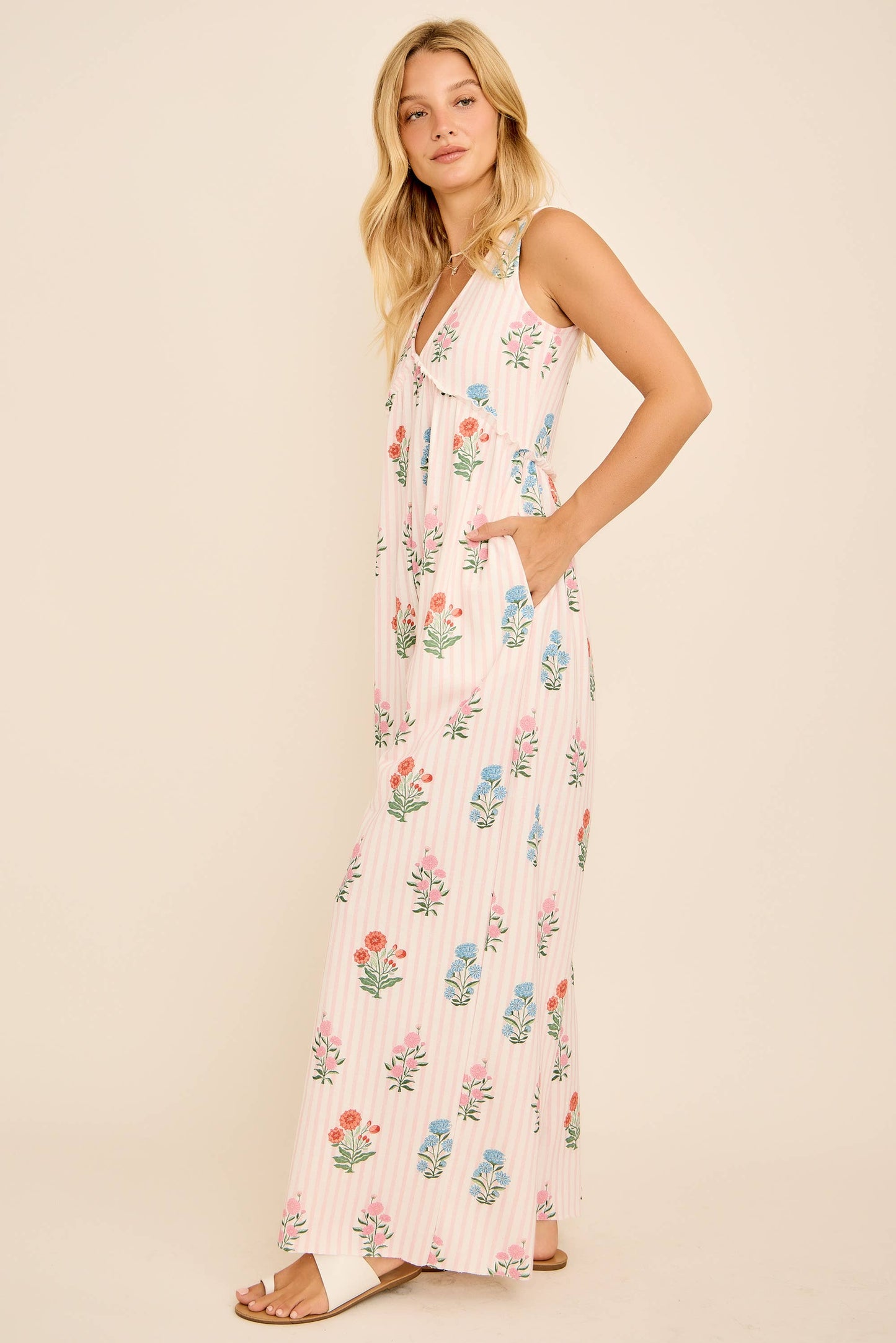 Maggie Floral Stripe V-Neck Backless Jumpsuit