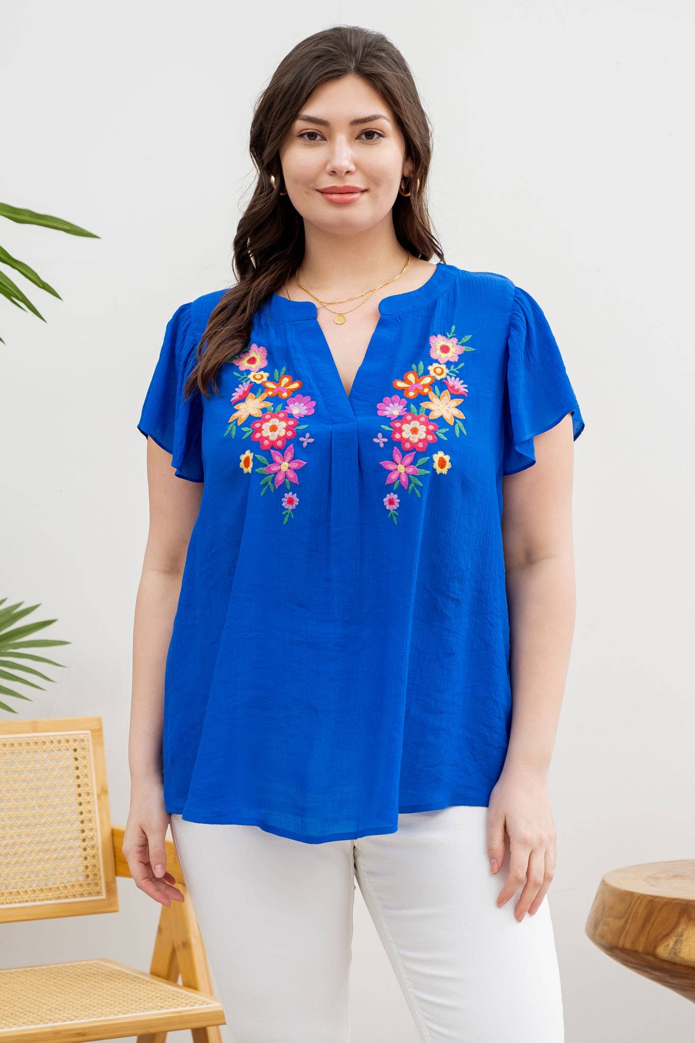 BELLA PLUS FLORAL EMBROIDERY SPLIT NECK BLOUSE