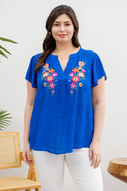 BELLA PLUS FLORAL EMBROIDERY SPLIT NECK BLOUSE