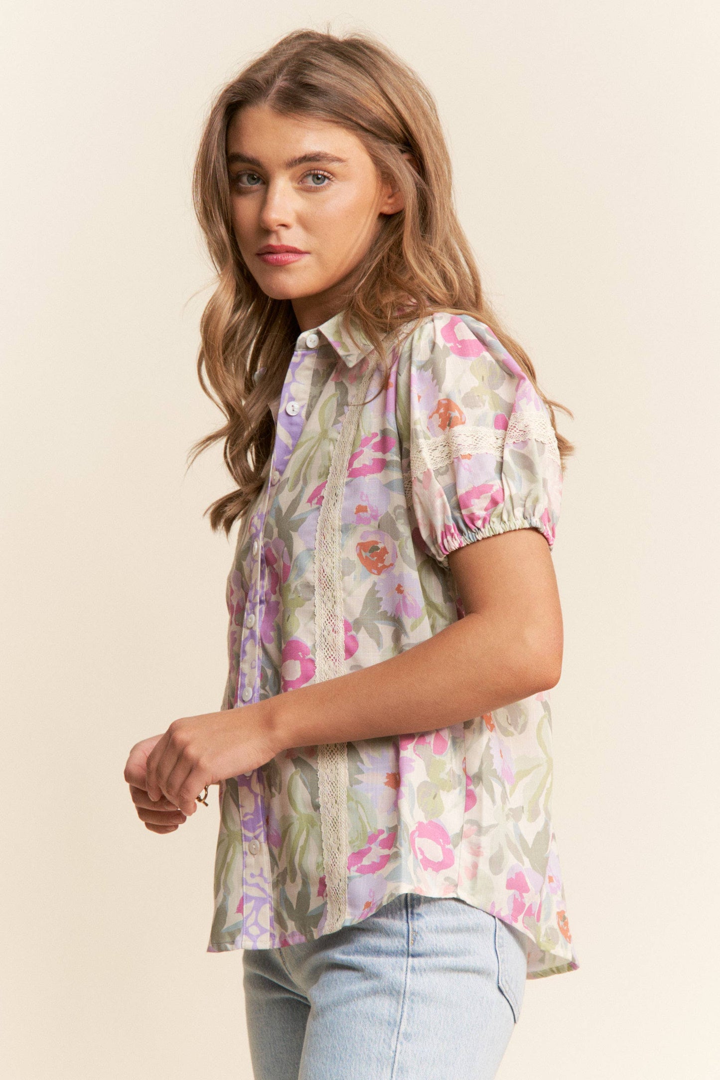Tosha Floral Print Button Up Puff Short Sleeve Blouse