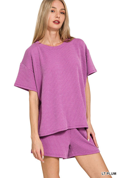 Corded Rib Half Sleeve Tee & Short Pants 2PC Set