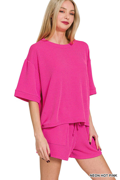 Corded Rib Half Sleeve Tee & Short Pants 2PC Set
