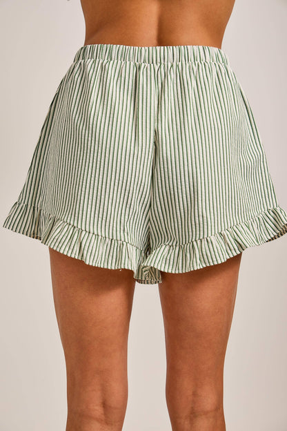 Green Pepper Stripe Ruffle Shorts With Contrasting Drawstring