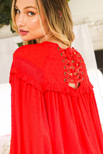 Remi Lace-Up Back Detail Swiss Dot Patterned Blouse