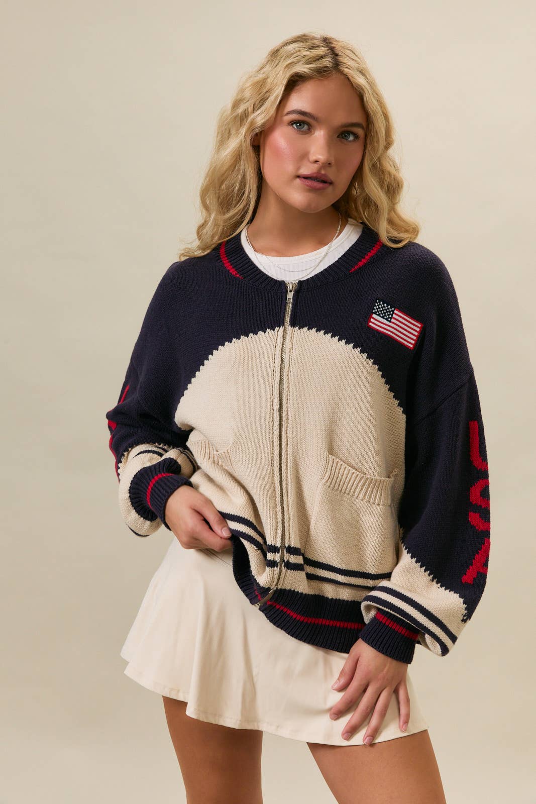 LONG SLEEVE "USA FLAG" SWEATER JACKET