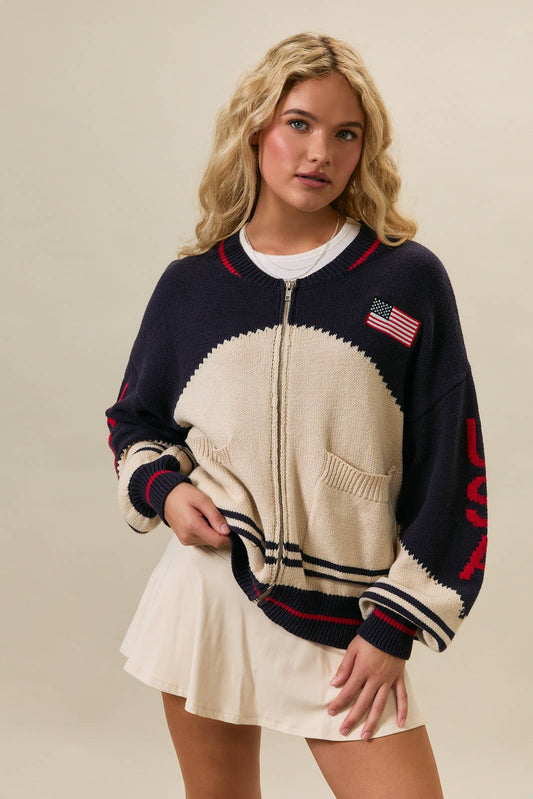 LONG SLEEVE "USA FLAG" SWEATER JACKET