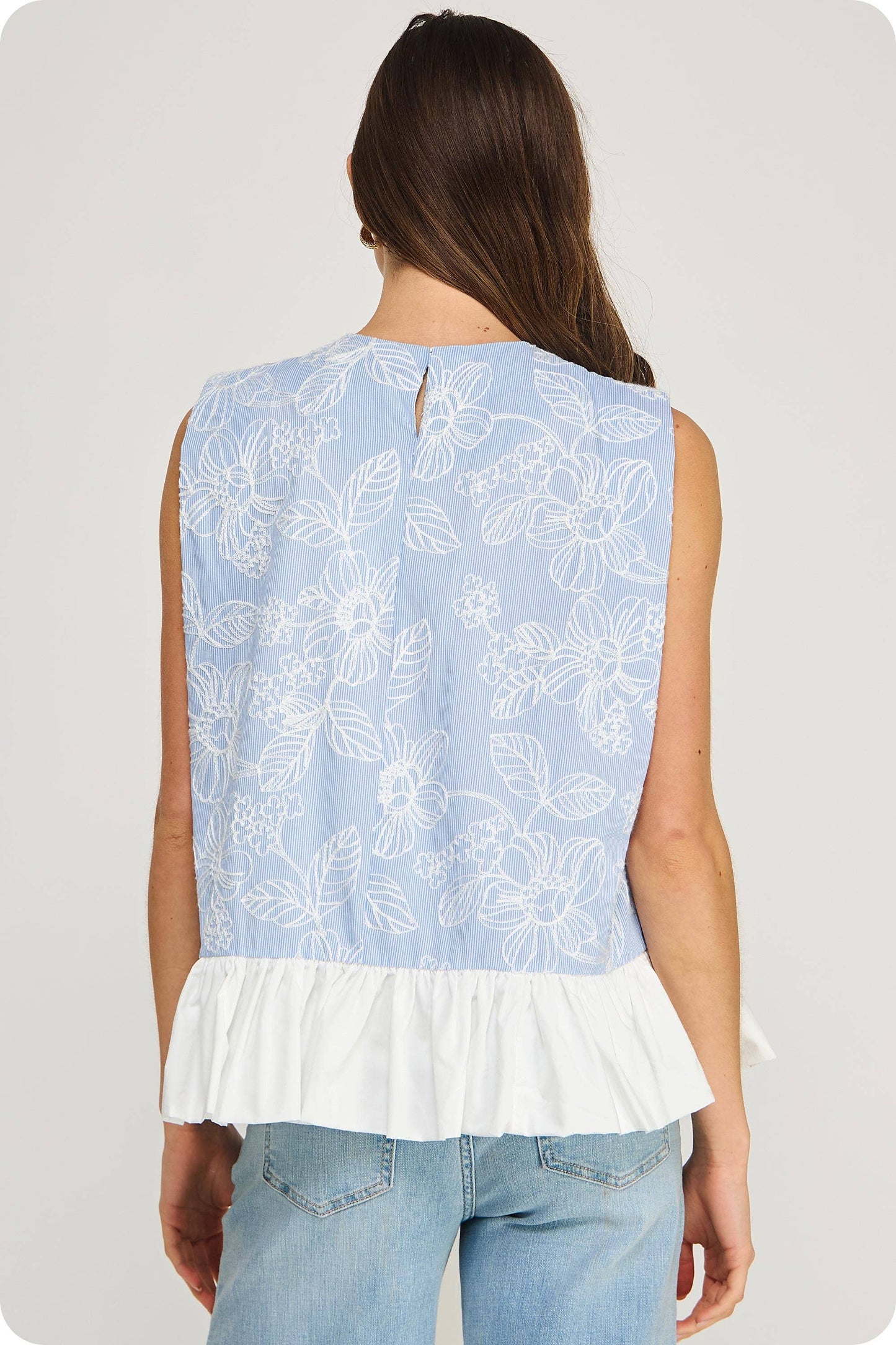 Floral Embroidery Stripe Contrast Ruffle Hem Top