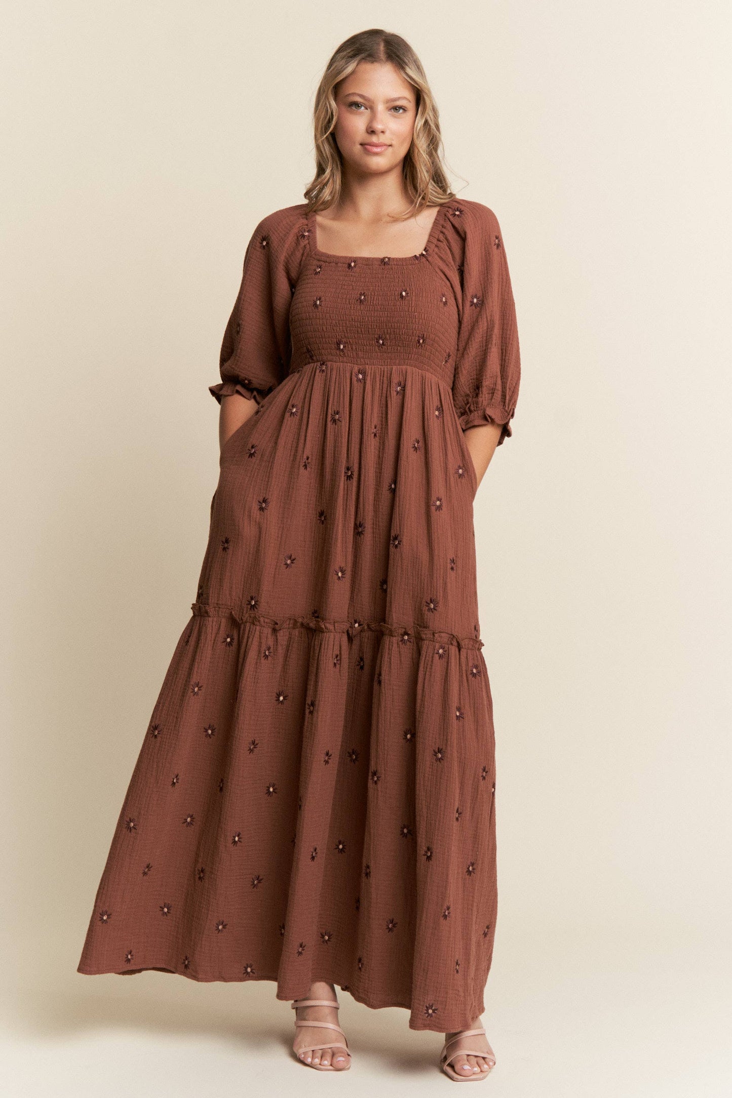 Monica Floral Embroidered Tiered Maxi Dress