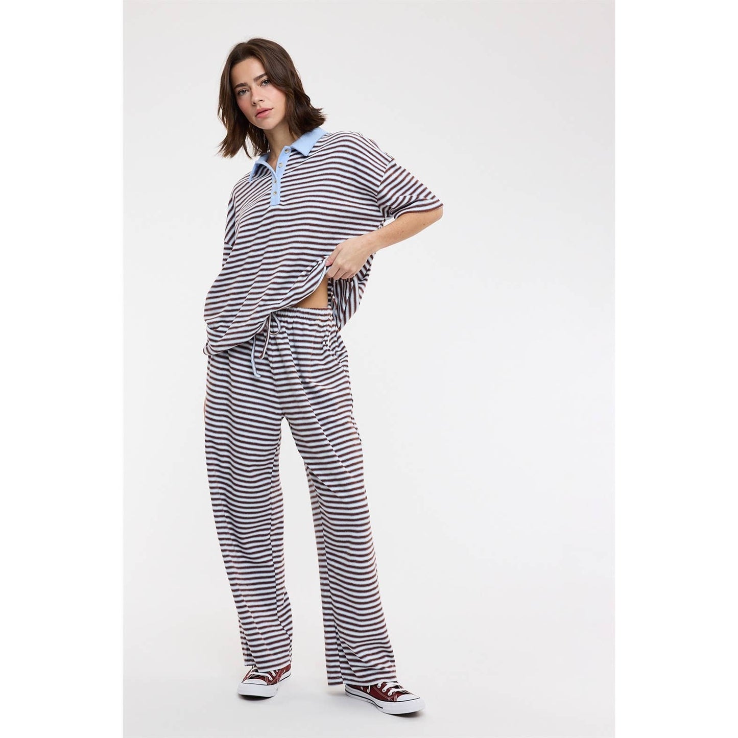 QUINN STRIPED KNIT COLLARED TOP AND PANTS SET