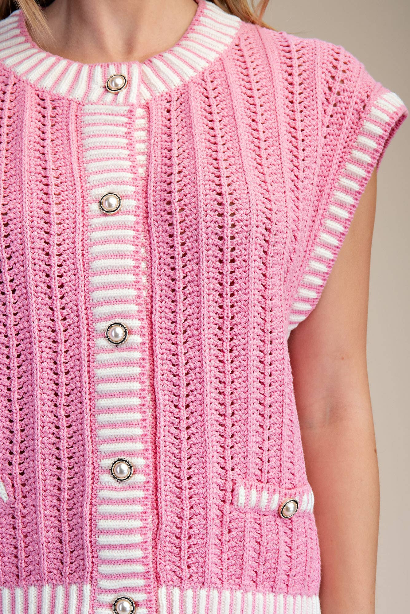 Mini Pearl Round Neck Sleeveless Button Down Stripe Sweater Vest