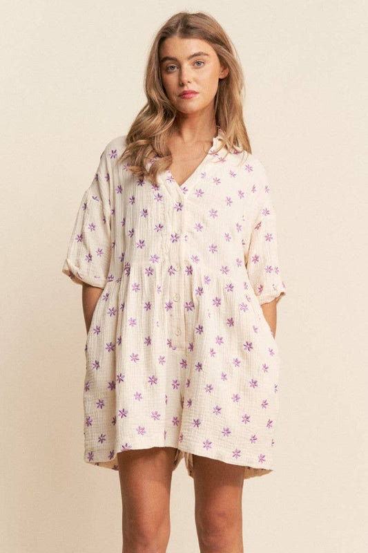Ava  Flower Embroidered V Neck Romper