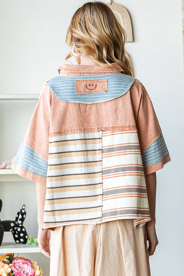 STELLA WASHED STRIPE MIX SHORT SLEEVE TOP