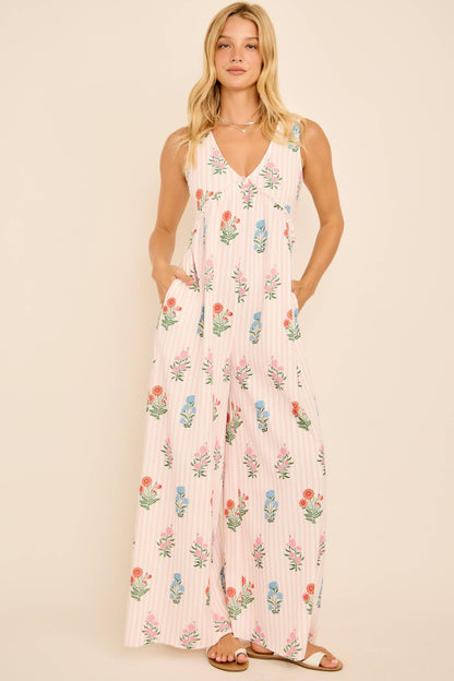 Maggie Floral Stripe V-Neck Backless Jumpsuit