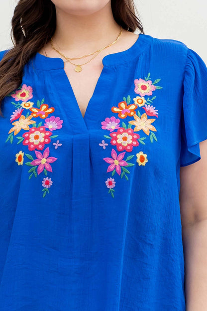 BELLA PLUS FLORAL EMBROIDERY SPLIT NECK BLOUSE