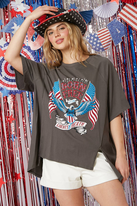 Rhinestoned America Eagle Print T-Shirt