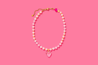 Beaded Necklace - Pink + Multi-Color w/Dangle Heart - Lottie