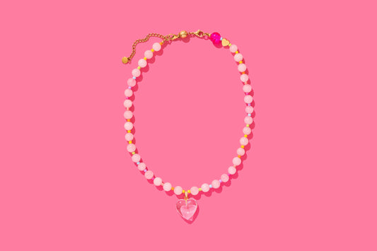 Beaded Necklace - Pink + Multi-Color w/Dangle Heart - Lottie