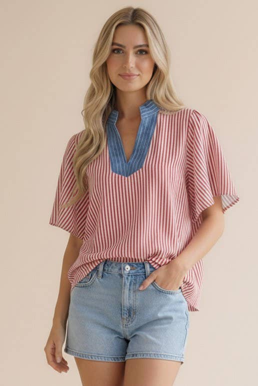 Plus- Stitched Neck Band Flutter Sleeve Stripe Top