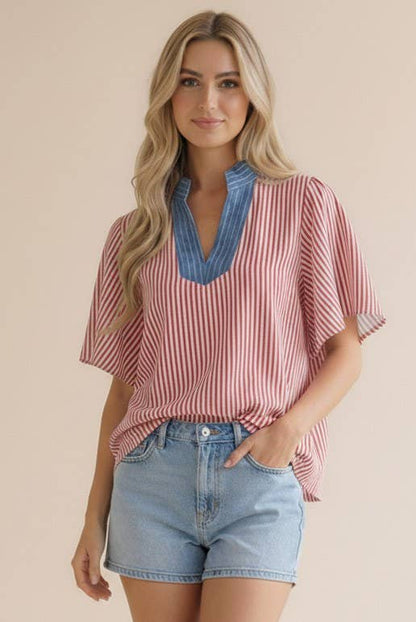 Plus- Stitched Neck Band Flutter Sleeve Stripe Top
