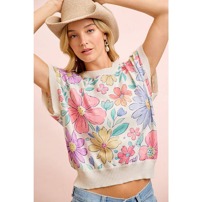 FLOWER ARTWORK PRINTED COZY KNIT TOP