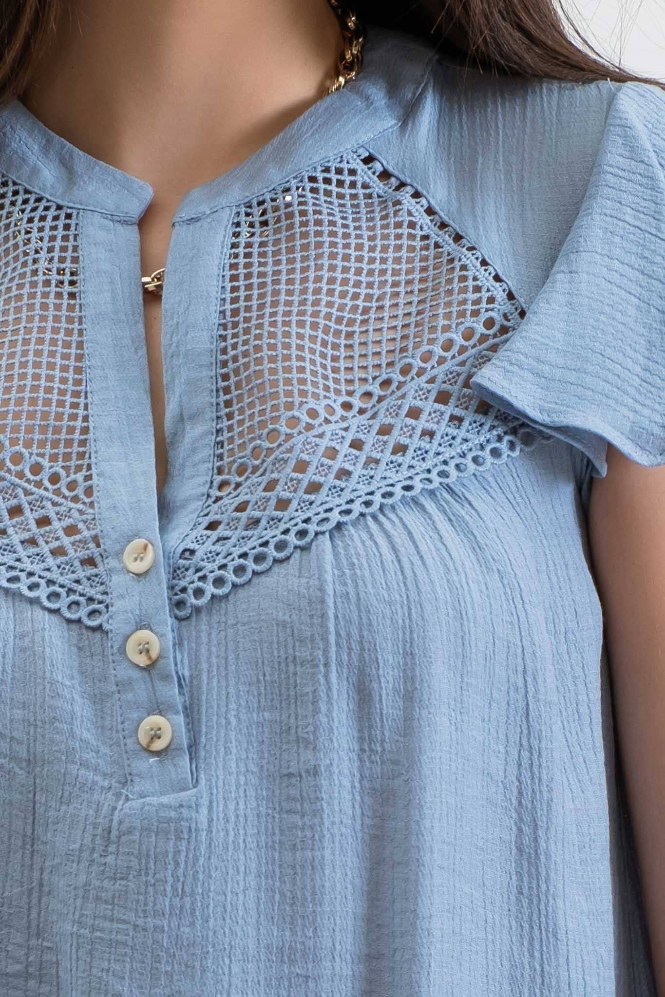BROOKE LACE YOKE BUTTON DOWN SPLIT NECK BLOUSE