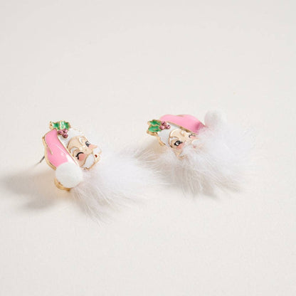 Santa Claus Face with Fur Beard Post Earrings