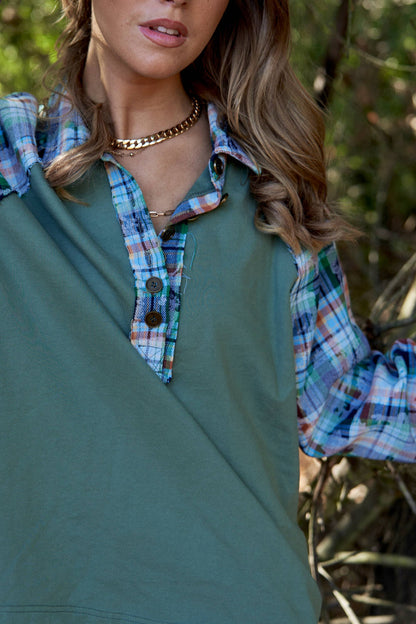 Serena Plaid Contrast Button Down Henley Top