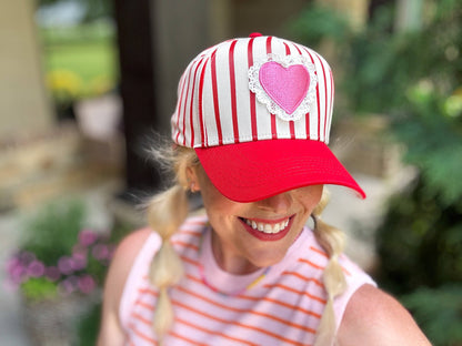 Baseball Cap w/ Lace Trim Heart Patch - Red + Cream Stripes