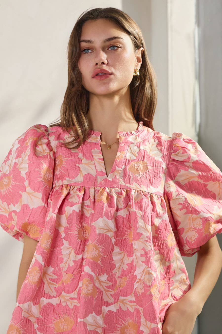 Floral Satin Weave Jacquard Babydoll- Lainy Blouse