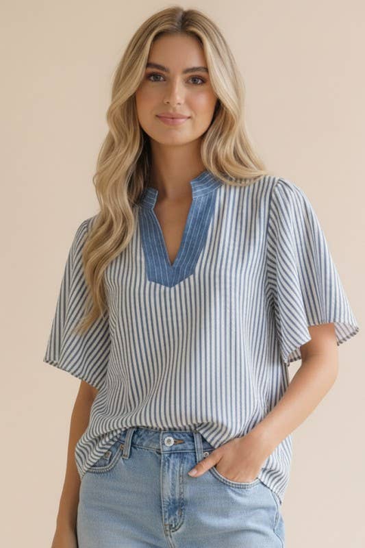 Plus- Stitched Neck Band Flutter Sleeve Stripe Top