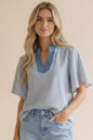 Plus- Stitched Neck Band Flutter Sleeve Stripe Top