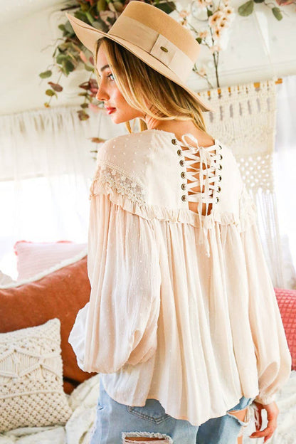 Remi Lace-Up Back Detail Swiss Dot Patterned Blouse