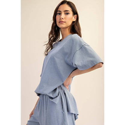 PRISCILLA  MINERAL WASHED COTTON OVERSIZED SLIT TEE & SHORTS