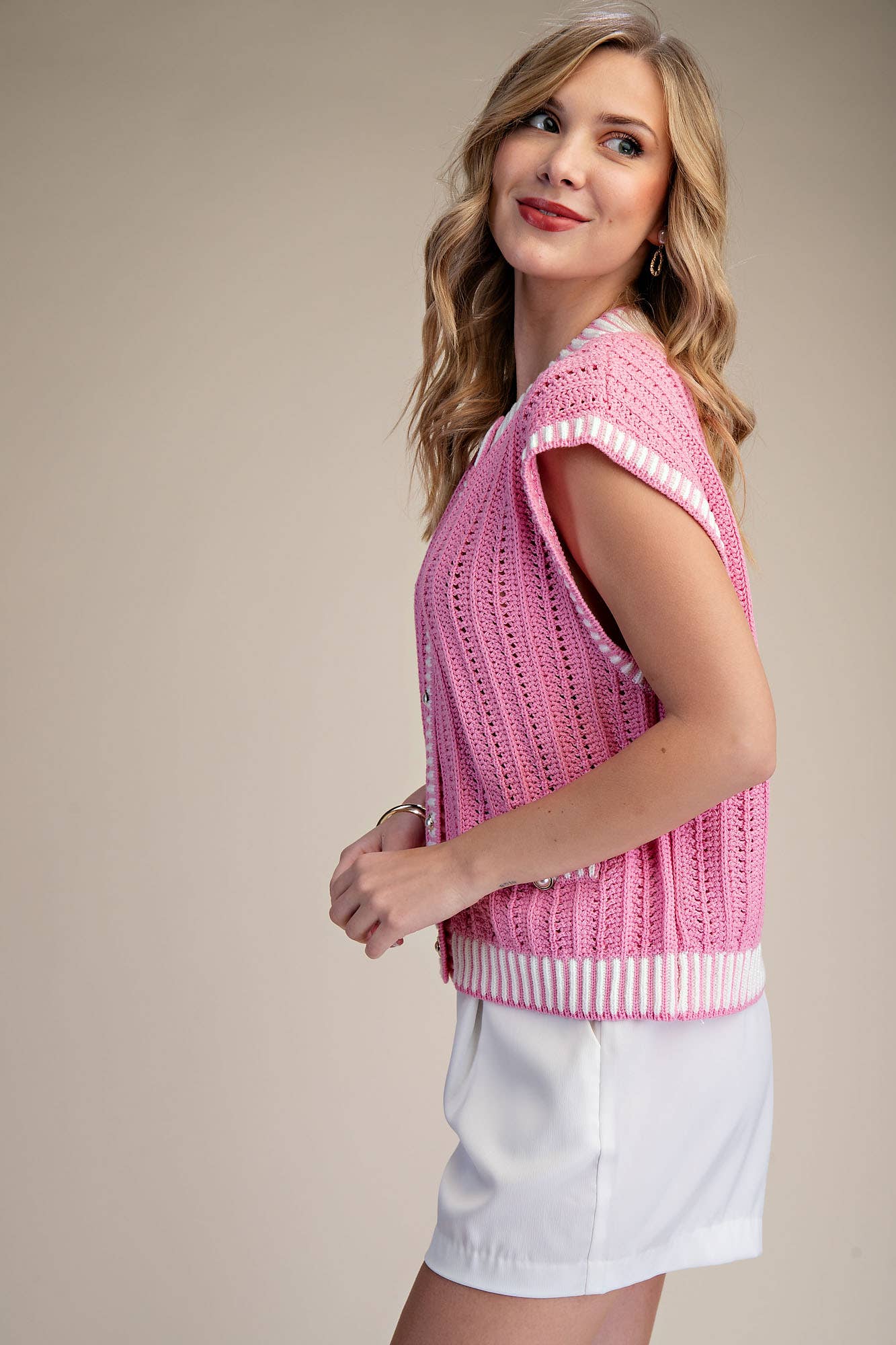 Mini Pearl Round Neck Sleeveless Button Down Stripe Sweater Vest