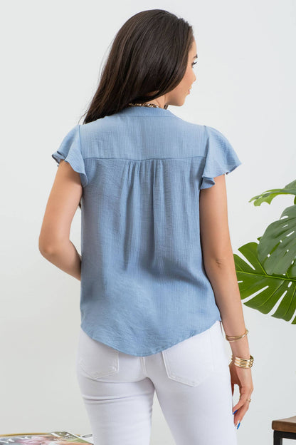 BROOKE LACE YOKE BUTTON DOWN SPLIT NECK BLOUSE