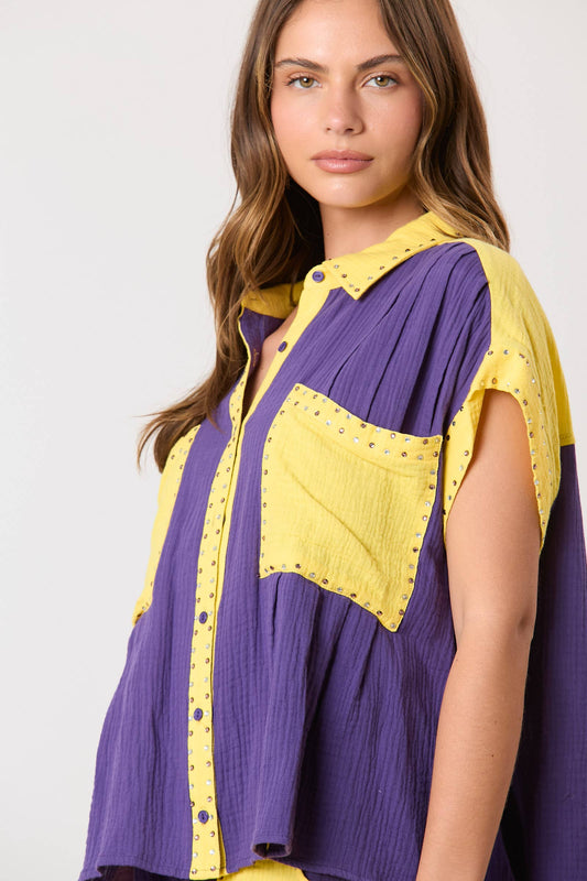 Rhinestone Detail Color Block Shirt & Short Set