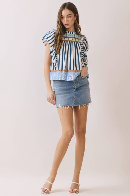 Border Striped Print Ruffled Detail Cap Sleeve Top 🥚