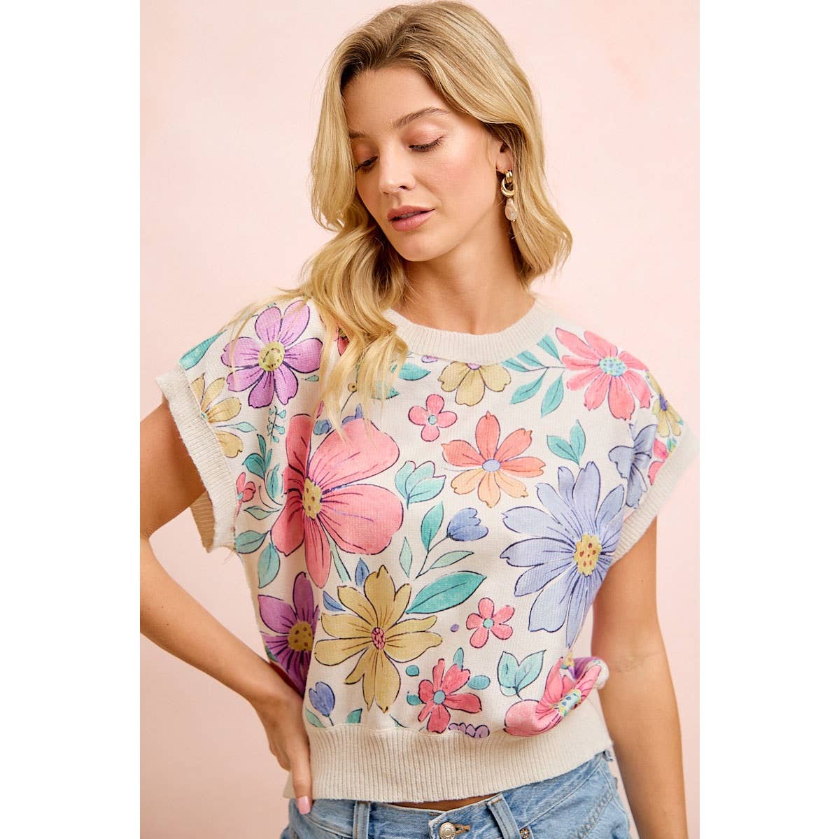 FLOWER ARTWORK PRINTED COZY KNIT TOP
