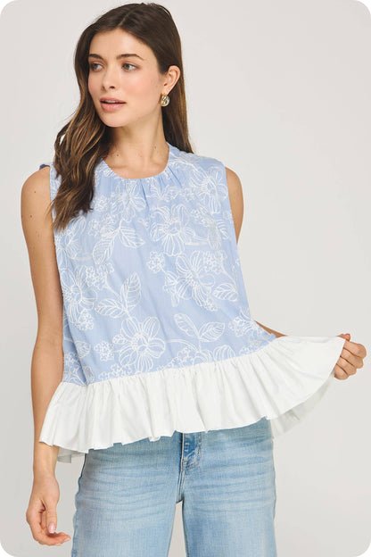 Floral Embroidery Stripe Contrast Ruffle Hem Top
