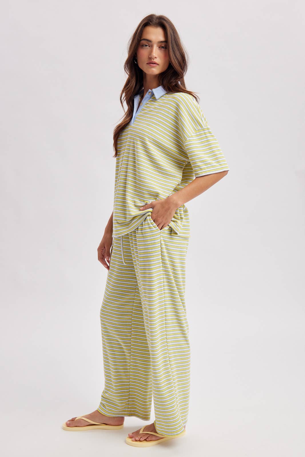QUINN STRIPED KNIT COLLARED TOP AND PANTS SET