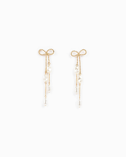 Long Bow Pearl Deco Drop Earrings