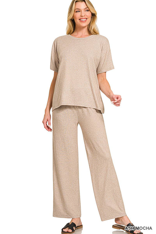 Lazy Luxe Soft Melange Short Sleeve Tee & Long Pants Set