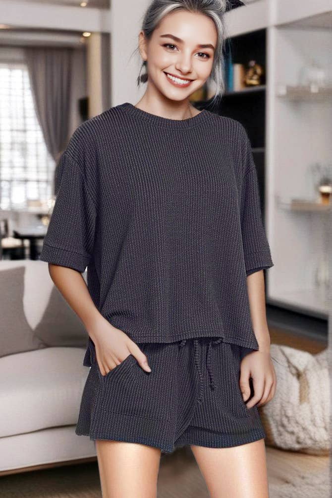 Corded Rib Half Sleeve Tee & Short Pants 2PC Set