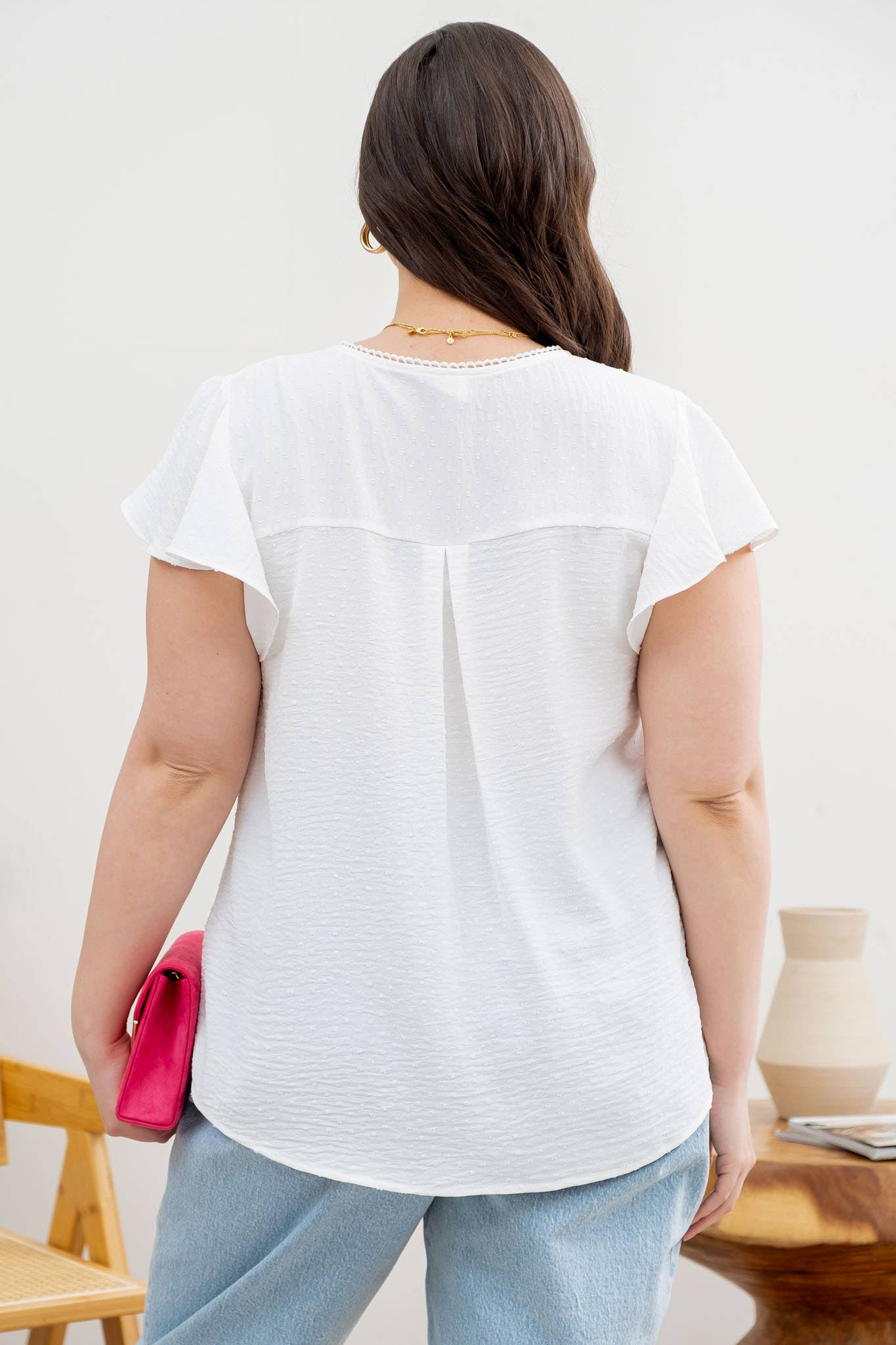 DAISY PLUS LACE EDGE SPLIT NECKLINE WOVEN TOP