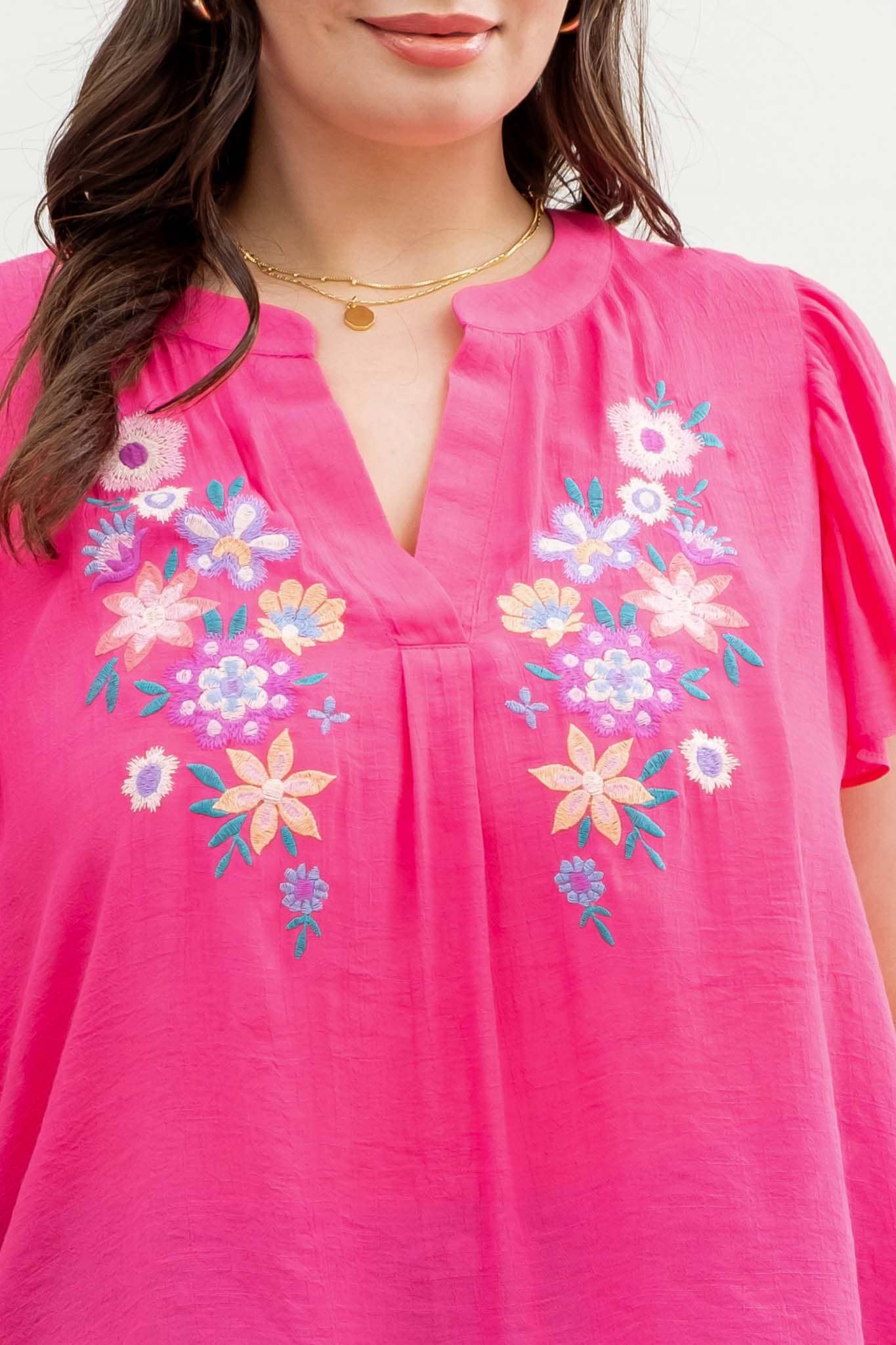BELLA PLUS FLORAL EMBROIDERY SPLIT NECK BLOUSE