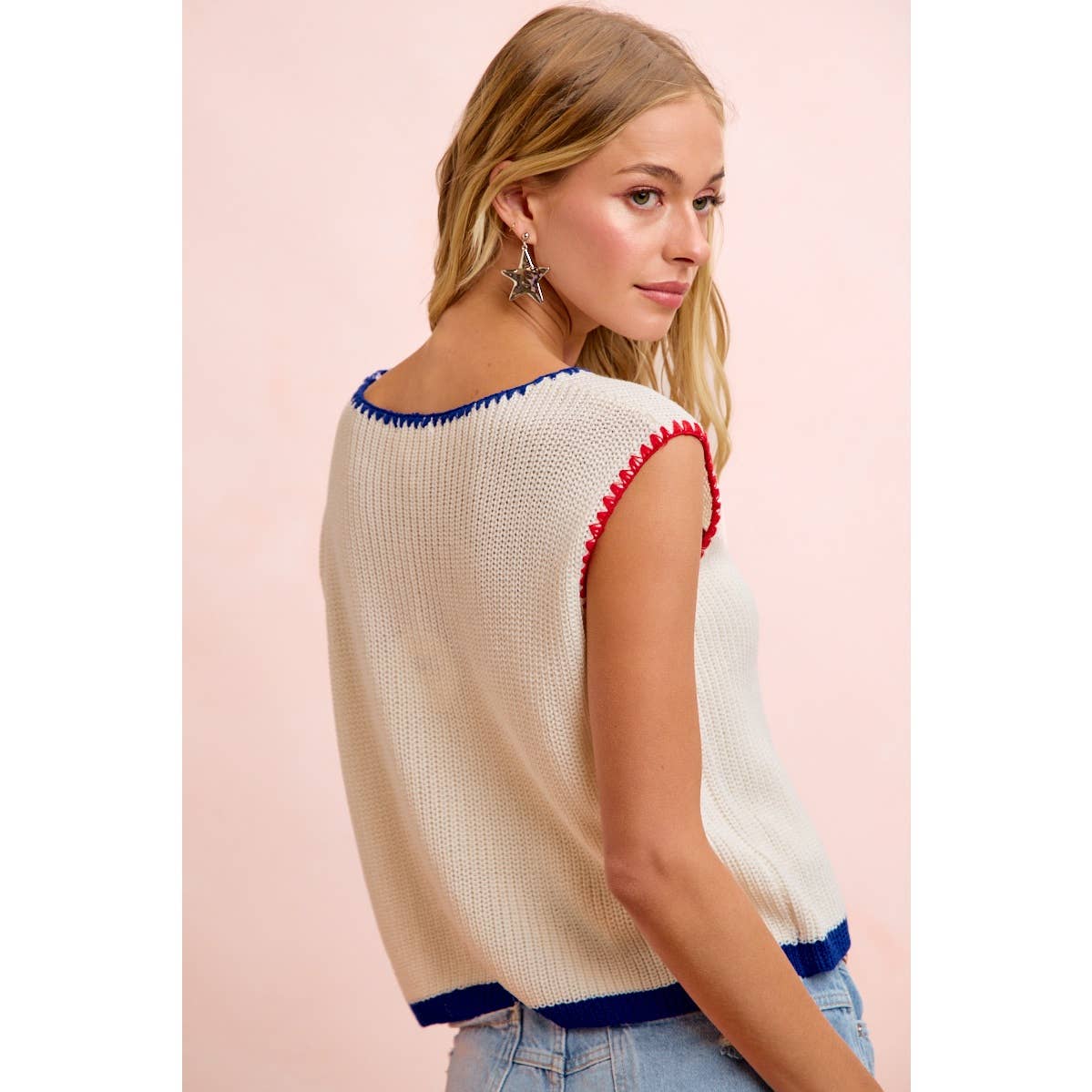 BESTY 4TH OF JULY THEME SLEEVELESS STITCH KNIT TOP