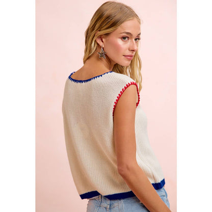 BESTY 4TH OF JULY THEME SLEEVELESS STITCH KNIT TOP