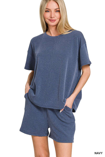 Corded Rib Half Sleeve Tee & Short Pants 2PC Set
