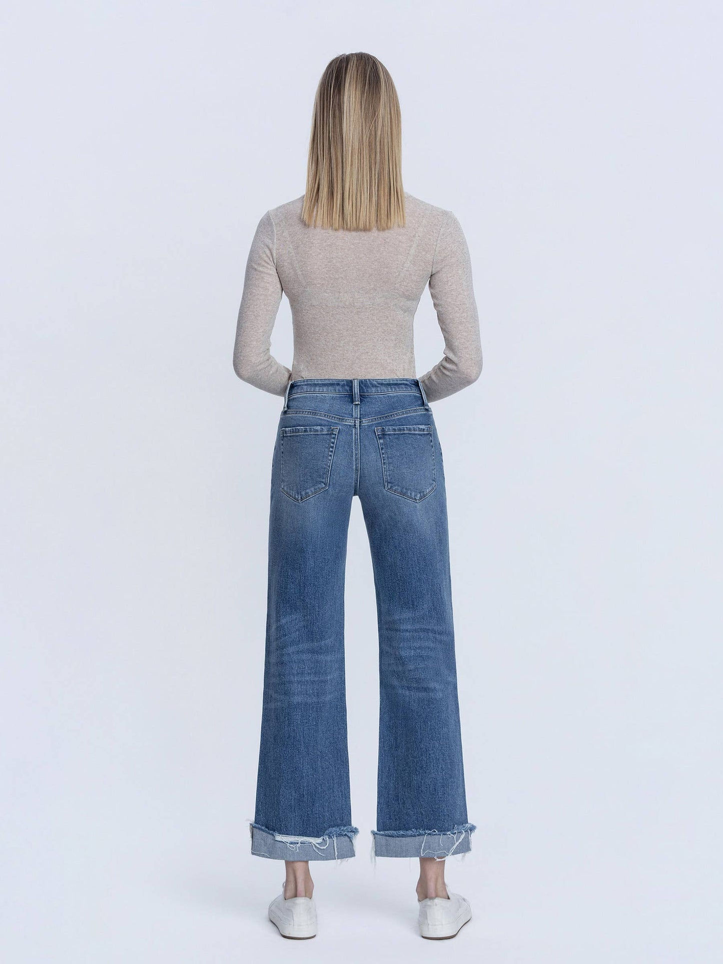 MID RISE MEDIUM DARK WASH CUFFED SLIM WIDE JEANS