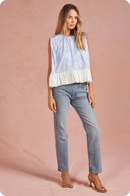 Floral Embroidery Stripe Contrast Ruffle Hem Top